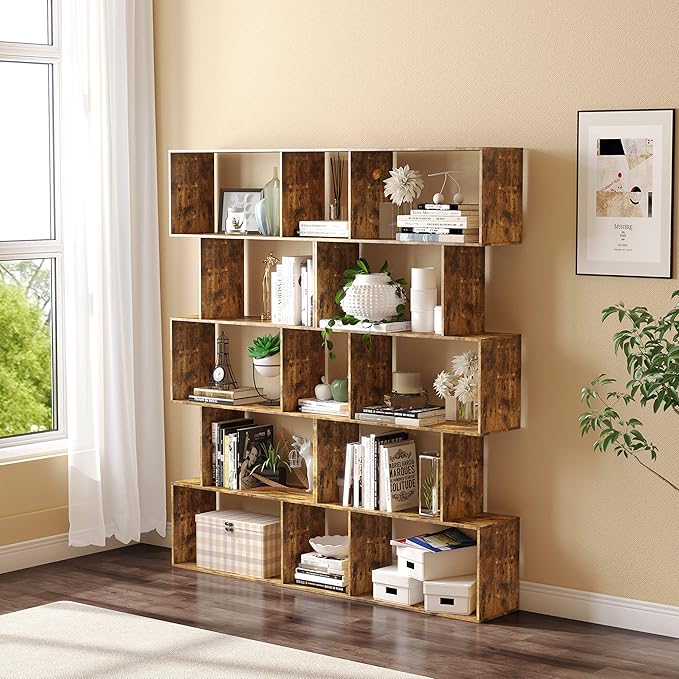 Yusong Bookshelf 5-Tier, Geometric Bookcase S Shaped Book Shelves for Bedroom, Modern Industrial Wood Decorative Display Shelf Book Case for Home Office, Rustic Brown - LeafyLoom