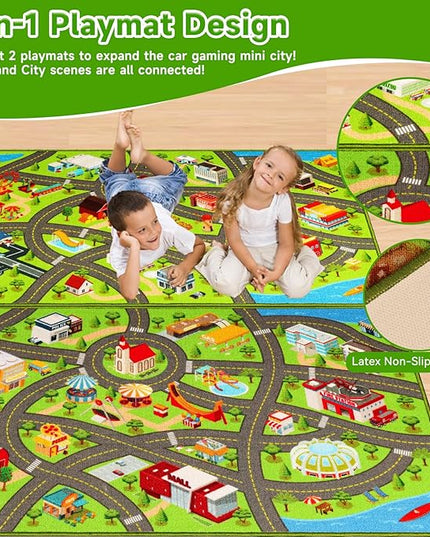 2 Packs Kids Rugs Car Play Mat Traffic Road Carpet for Car City Life Map Play Rug 31.5"×59" for Playroom Educational Mat Area Rug, Kid Playtime Collection Toddler Car Track Rug （2P: A+B - LeafyLoom