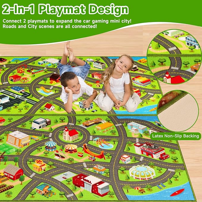 2 Packs Kids Rugs Car Play Mat Traffic Road Carpet for Car City Life Map Play Rug 31.5"×59" for Playroom Educational Mat Area Rug, Kid Playtime Collection Toddler Car Track Rug （2P: A+B - LeafyLoom