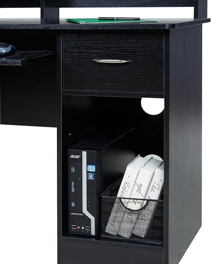 OneSpace Essential Computer Desk, Hutch with Pull-Out Keyboard, Black - LeafyLoom