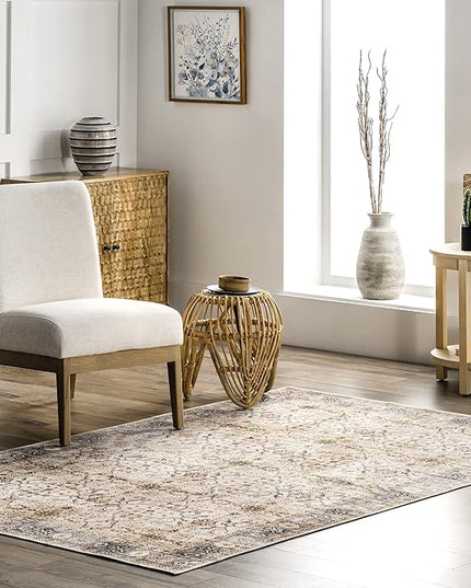 nuLOOM Annelle Floral Border Machine Washable Ultra Thin Area Rug, 8' x 10', Beige - LeafyLoom