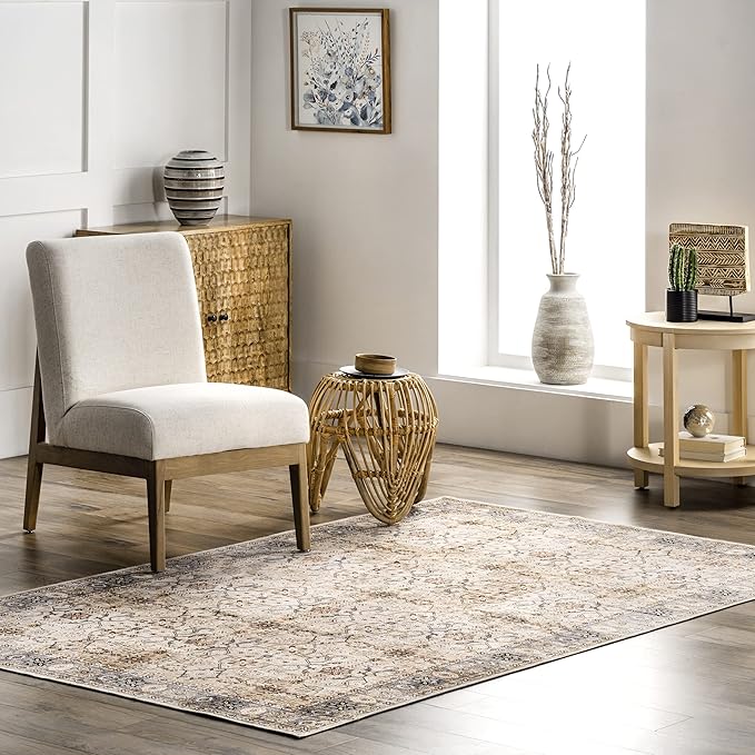 nuLOOM Annelle Floral Border Machine Washable Ultra Thin Area Rug, 8' x 10', Beige - LeafyLoom