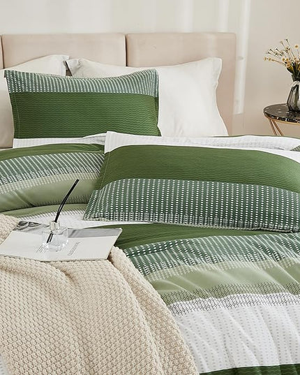 Litanika Olive Green Comforter Set Full - 3 Pieces Lightweight Olive Green White Colorblock Stripe Fluffy Bedding Comforter Sets, All Season Bed Set - LeafyLoom
