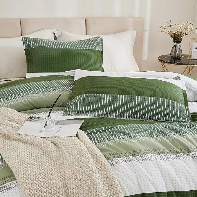 Litanika Olive Green Comforter Set Full - 3 Pieces Lightweight Olive Green White Colorblock Stripe Fluffy Bedding Comforter Sets, All Season Bed Set - LeafyLoom