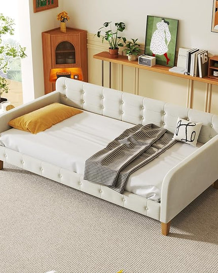 Twin Size Velvet Upholstered Dayed with 4 Support Legs,Multifunction Solid Wood Bed Frame,W/Backrest and Armrests,No Box Spring Needed,for Living Room Dormitory Apartment,White - LeafyLoom