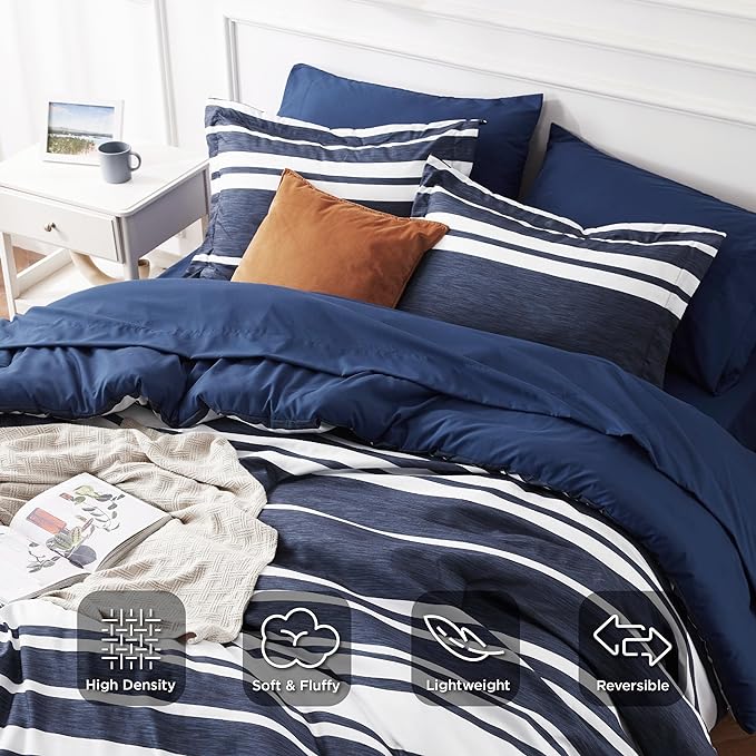Bedsure Bed in a Bag Twin Size 5 Pieces, Navy White Striped Bedding Comforter Sets All Season Bed Set with 1 Pillow Sham, Flat Sheet, Fitted Sheet and 1 Pillowcase - LeafyLoom