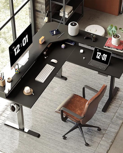 FEZIBO 63" L Shaped Standing Desk with 4 Drawers, Electric Standing Gaming Desk Adjustable Height, Corner Stand up Desk with Splice Board, Black Frame/Black Top - LeafyLoom