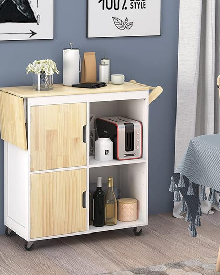 Usinso Rolling Kitchen Island, Kitchen Island Storage Cabinets on Wheels with Drop Leaf Countertop, Handle Racks, Caster Liquor Cart Suitable for Placing (White) - LeafyLoom