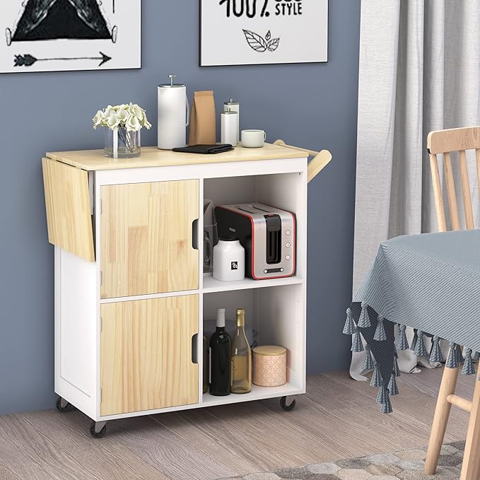 Usinso Rolling Kitchen Island, Kitchen Island Storage Cabinets on Wheels with Drop Leaf Countertop, Handle Racks, Caster Liquor Cart Suitable for Placing (White) - LeafyLoom