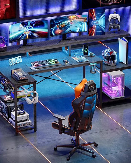 Bestier Gaming Desk with Power Outlets, 71.5 LED Computer Desk with Long Monitor Stand, Large L Shaped Corner Desk with Storage Shelf, Cup Holder Headset Hooks, Cool Desk for Gaming Room, Black - LeafyLoom