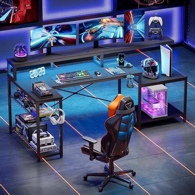 Bestier Gaming Desk with Power Outlets, 71.5 LED Computer Desk with Long Monitor Stand, Large L Shaped Corner Desk with Storage Shelf, Cup Holder Headset Hooks, Cool Desk for Gaming Room, Black - LeafyLoom