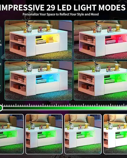 YITAHOME Modern Coffee Tables for Living Room, High Gloss LED Coffee Table, Storage Coffee Table, Small Coffee Table, Wood Center Table with 2 Sliding Drawers and Open Side Shelf,White - LeafyLoom