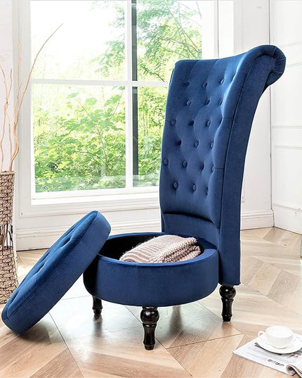 Royal High-Back Velvet Accent Chair for Vanity with Storage and Luxurious Upholstery, Retro Design and Versatile Usage for Living Room, Bedroom, Lounge and Office, Dark Blue - LeafyLoom