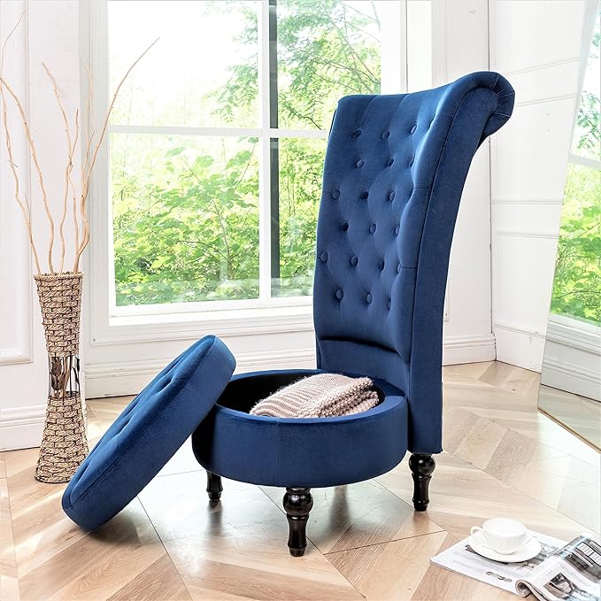 Royal High-Back Velvet Accent Chair for Vanity with Storage and Luxurious Upholstery, Retro Design and Versatile Usage for Living Room, Bedroom, Lounge and Office, Dark Blue - LeafyLoom
