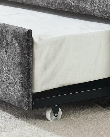 Full Size Daybed with win Size Trundle, Upholstered Tufted Day Bed, with Button Back and Waved Shape Arms, Wood Slat Support, No Spring Box Need, for Bedroom, Livingroom, Grey - LeafyLoom