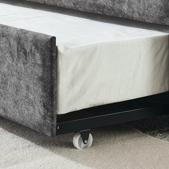 Full Size Daybed with win Size Trundle, Upholstered Tufted Day Bed, with Button Back and Waved Shape Arms, Wood Slat Support, No Spring Box Need, for Bedroom, Livingroom, Grey - LeafyLoom