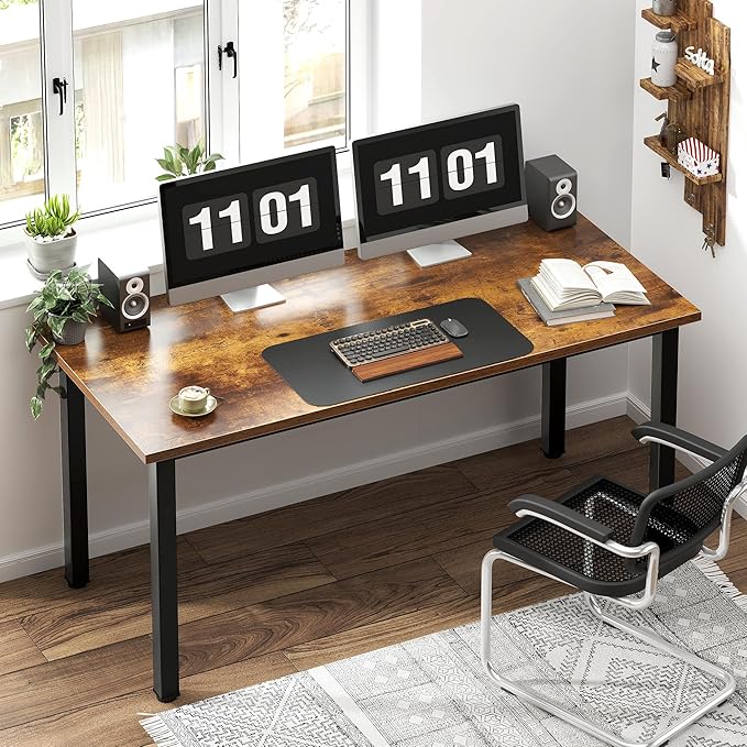 Need 55 Inch Large Computer Desk - Modern Simple Style Home Office Gaming Desk, Basic Writing Table for Study Student, Black Metal Frame, Rustic Brown - LeafyLoom