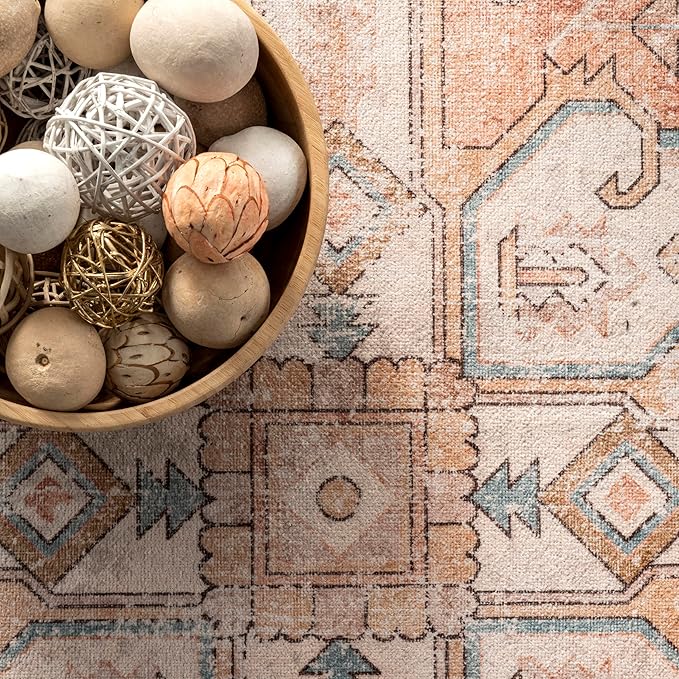 nuLOOM Dawson Machine Washable Distressed Medallion Ultra Thin Runner Rug, 2' 6" x 8', Peach - LeafyLoom