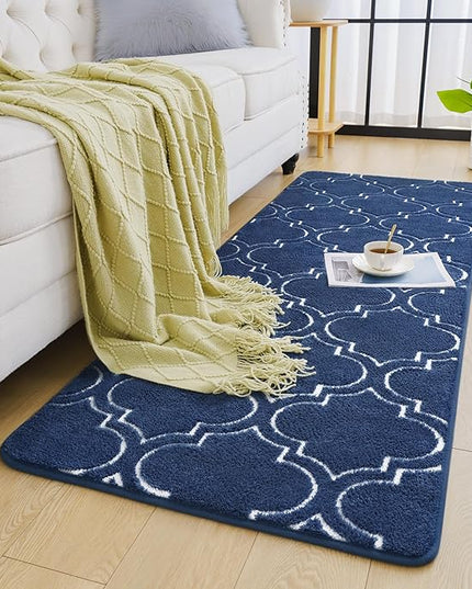 Chicrug Shag Geometric Modern Runner Rug for Bedroom, 2x6 Feet Memory Foam Indoor Hallway Runner Carpet, Fluffy Rug for Living Room Bedside Room Decor for Family, Navy/White - LeafyLoom