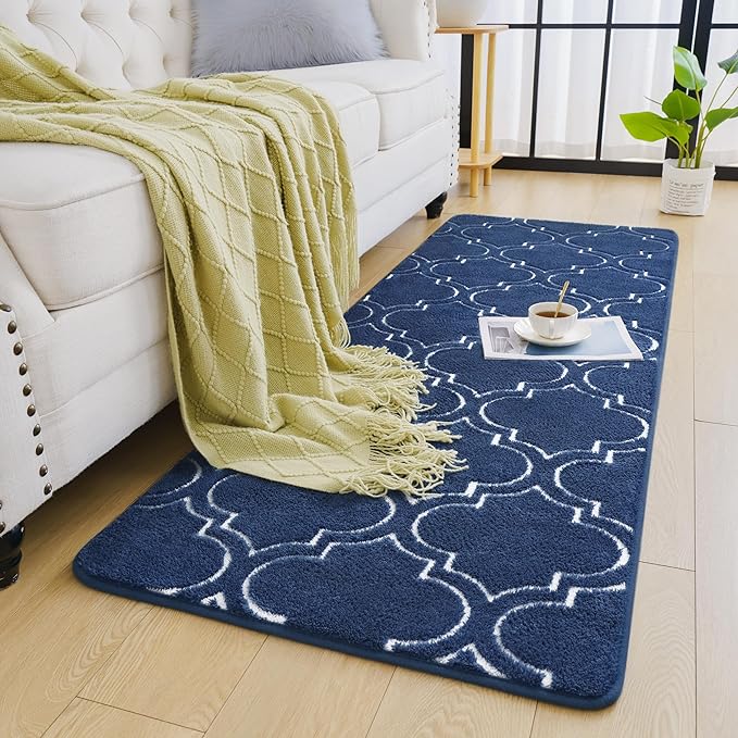 Chicrug Shag Geometric Modern Runner Rug for Bedroom, 2x6 Feet Memory Foam Indoor Hallway Runner Carpet, Fluffy Rug for Living Room Bedside Room Decor for Family, Navy/White - LeafyLoom