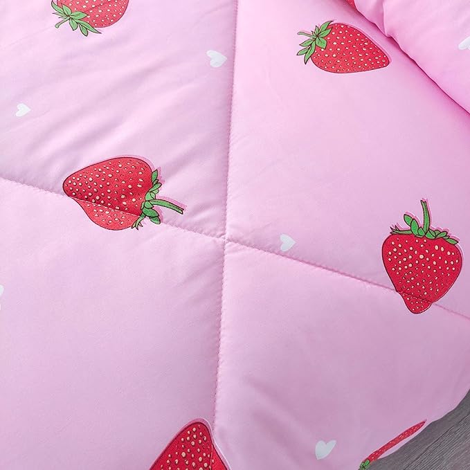 SDY 3PCS Twin Size Strawberry Comforter Set, Pink Bed Set Bed in a Bag, Princess Twin Bedding Set, Kawaii Room Decor, Strawberry Bedding Kids Twin Size Comforter Set for Girls, Teen… - LeafyLoom