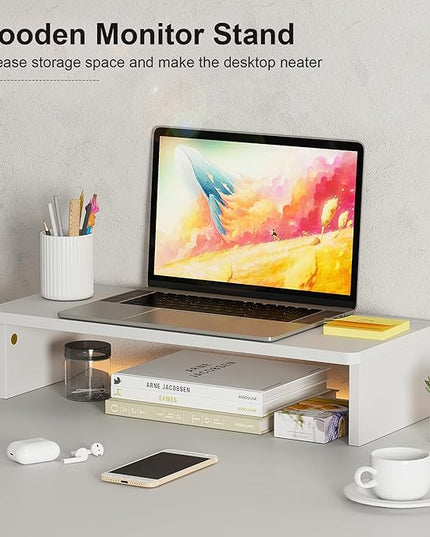 Elephance 59" L Shaped Desk Corner Computer Desk Gaming Table with Monitor Stand Workstation for Home Office (Large, White+ Gold Frame) - LeafyLoom