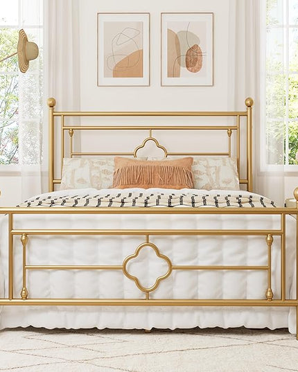 Allewie Full Size Metal Platform Bed Frame with Victorian Vintage Headboard and Footboard/Mattress Foundation/Under Bed Storage/No Box Spring Needed/Noise-Free/Easy Assembly, Gold - LeafyLoom