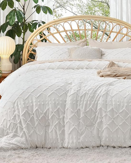 Bedsure California King Comforter Set - White Comforter, Boho Tufted Shabby Chic Bedding Comforter Set, 3 Pieces Farmhouse Bed Set for All Seasons, Fluffy Soft Bedding Set with 2 Pillow Shams - LeafyLoom