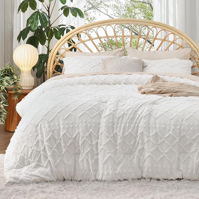Bedsure Queen Comforter Set - White Comforter, Boho Tufted Shabby Chic Bedding Comforter Set, 3 Pieces Vintage Farmhouse Bed Set for All Seasons, Fluffy Soft Bedding Set with 2 Pillow Shams - LeafyLoom