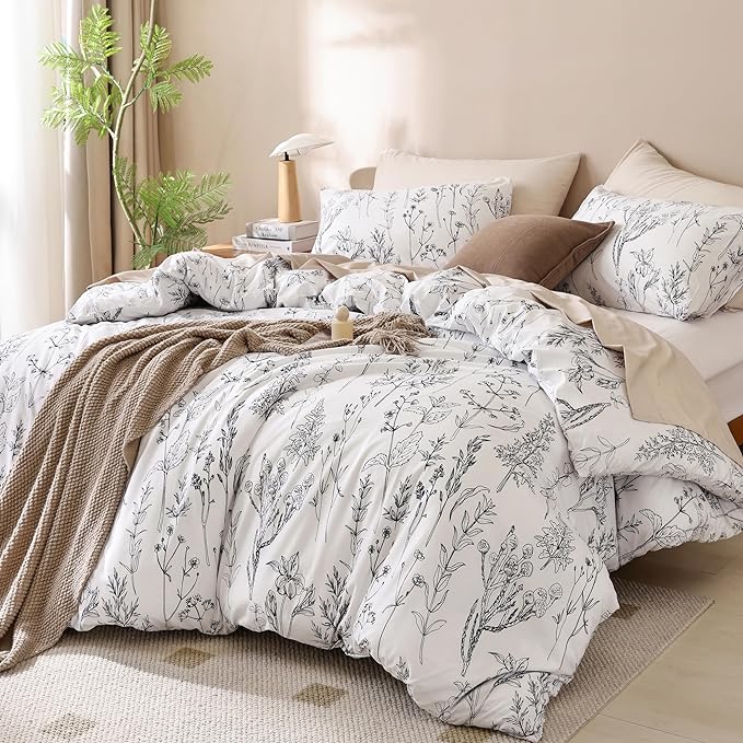 JANZAA Bedding Comforter Sets White Floral Comforter Set Full Size Bed Set with 2 Pillow Cases for All Seasons - LeafyLoom