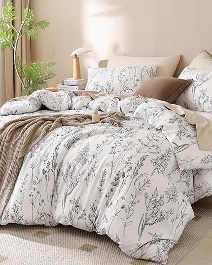 JANZAA 3pcs White Comforter Set King, Soft Floral Microfiber Bedding King Size Comforter Set with 2 Pillow Cases for All Seasons - LeafyLoom