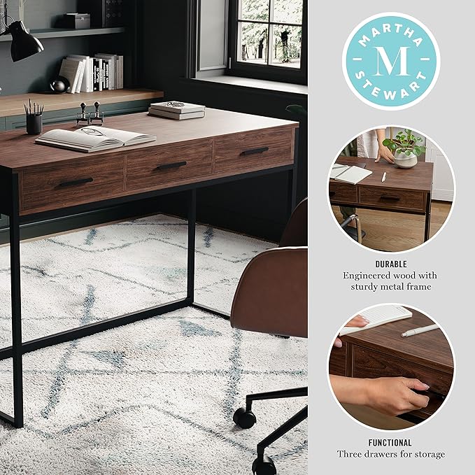 Martha Stewart Ollie Home Office Desk with 3 Drawers in Walnut Wood Grain with Oil Rubbed Bronze Hardware - LeafyLoom