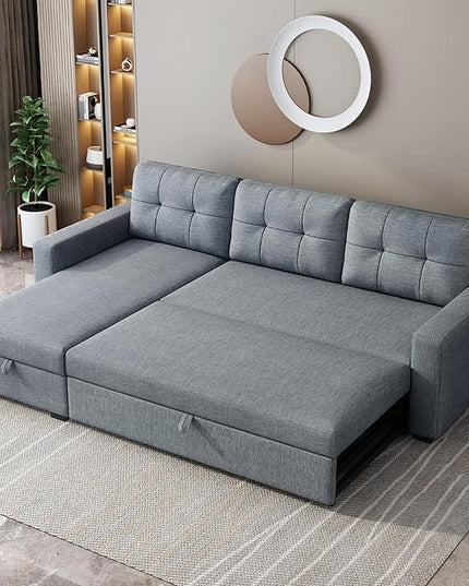 Upholstered Sectional Storage Chaise and Pull, L-Shape Convertible Corner Couch, Reversible Sleeper Sofa-Bed,W/ 3 Back Cushions,for Living Room,Office,(Light Grey), 81.5" - LeafyLoom