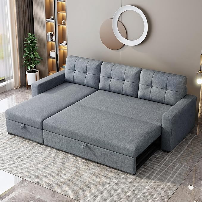 81.5" Sectional Sleeper Sofa with Storage Chaise, L Shaped Pull Out Couch Bed with 3 Removable Back Cushion for Living Room,Apartment,Office,Light Grey - LeafyLoom