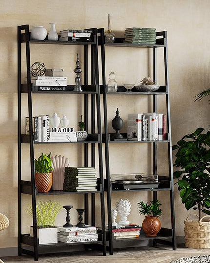 IRONCK Industrial Bookshelf 5-Tier, Bookcase Ladder Shelf, Storage Shelves Rack Shelf Unit, Accent Furniture Metal Frame, Home Office Furniture for Bathroom, Living Room - LeafyLoom
