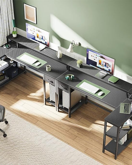 SUPERJARE 53 inch Reversible L Shaped Desk with LED Lights & Power Outlets, Computer Desk with Shelves & Monitor Stand, Gaming Desk with Drawer, Home Office Desk Corner Desk, Carbon Fiber Black - LeafyLoom