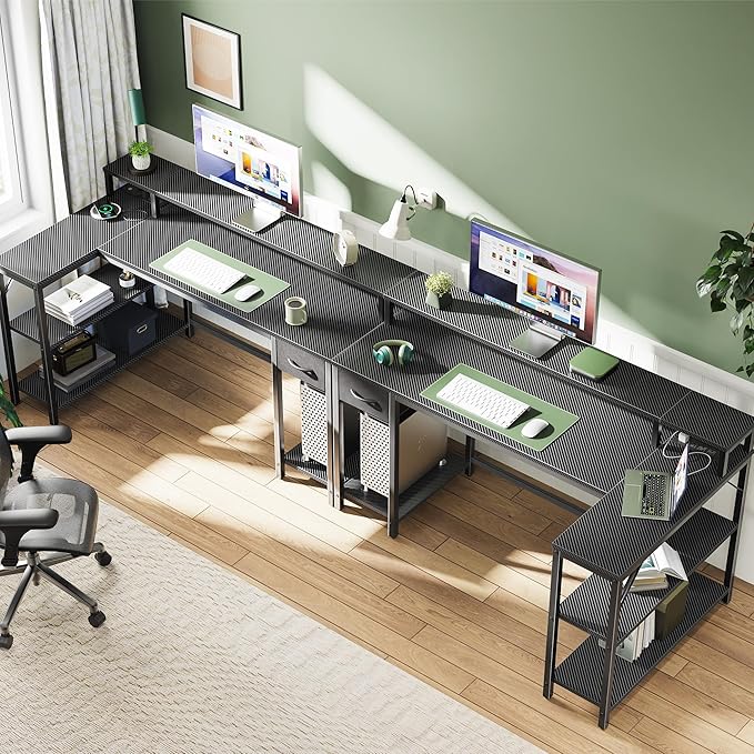 SUPERJARE 53 inch Reversible L Shaped Desk with LED Lights & Power Outlets, Computer Desk with Shelves & Monitor Stand, Gaming Desk with Drawer, Home Office Desk Corner Desk, Carbon Fiber Black - LeafyLoom