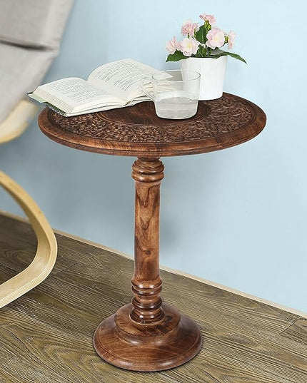 Round End Table,Small Table,Side Table, Side Tables Living Room,End Table,Round Side Table,Altar Table, Carved Side Table,Wood Accent Table,Carved Wood Table Single Pillar 18x22 inch Burnt - LeafyLoom