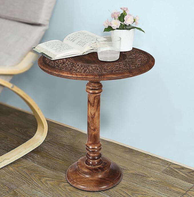 Round End Table,Small Table,Side Table, Side Tables Living Room,End Table,Round Side Table,Altar Table, Carved Side Table,Wood Accent Table,Carved Wood Table Single Pillar 18x22 inch Burnt - LeafyLoom