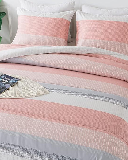 Andency Stripe Comforter Set Twin Size (66x90 Inch), 2 Pieces Pink Patchwork Striped Comforter, Soft Microfiber Down Alternative Comforter Bedding Set with Corner Loops - LeafyLoom