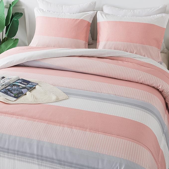 Andency Stripe Comforter Set King Size (104x90 Inch), 3 Pieces Pink Patchwork Striped Comforter, Soft Microfiber Down Alternative Comforter Bedding Set with Corner Loops - LeafyLoom