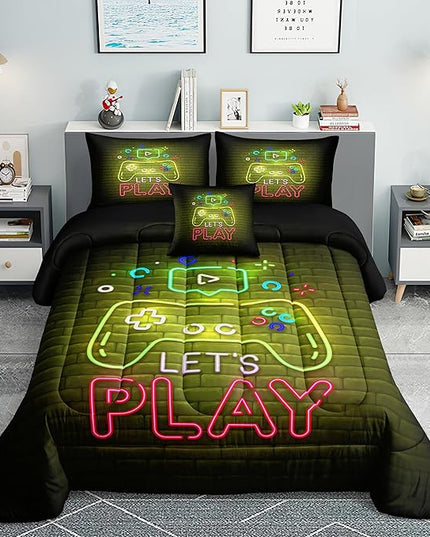Gamer Comforter Sets,6 PCS Gaming Bedding Set for Boys,Kids Comforter Sets for Boys,Twin Comforter Sets for Boys,Bed in A Bag with Sheets(Twin,Yellow Color) - LeafyLoom
