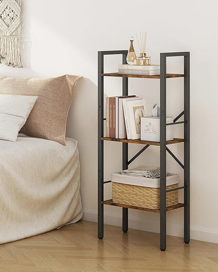 Tajsoon 3 Tier Ladder Shelf Industrial Small Bookcase, Narrow Small Bookshelf with Metal Frame, Multifunctional Skinny Shelf for Bedroom, Living Room, Home Office, Rustic Brown - LeafyLoom