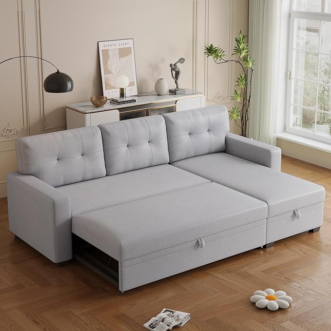 82" Sectional Sofa with Storage Chaise & Pull-Out Bed,L-Shape Convertible 3 Seater Couch W/Tufted Backrest,Reversible Sleeper for Living Room Apartment Office, Light Gray2 - LeafyLoom