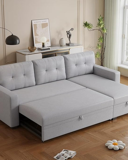 82'' L Shape Sectional Sleeper Sofa with Pull Storage Chaise,Upholstered Convertible Corner Couch Bed W/ 3 Removable Back Cushions and Armrest for Living Room,Office,Light Grey, 82" - LeafyLoom