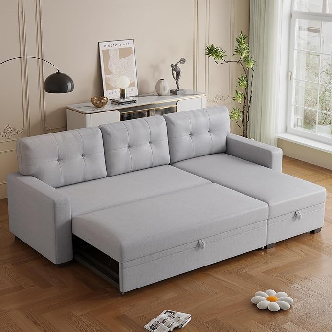 82'' L Shape Sectional Sleeper Sofa with Pull Storage Chaise,Upholstered Convertible Corner Couch Bed W/ 3 Removable Back Cushions and Armrest for Living Room,Office,Light Grey, 82" - LeafyLoom