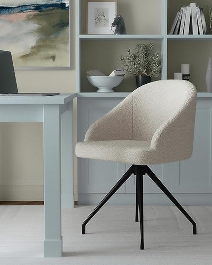 Martha Stewart Sora Stationary Swivel Task Chair with Sloped Arms for Home Office in White Boucle with Oil Rubbed Bronze Frame - LeafyLoom