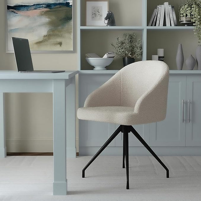 Martha Stewart Sora Stationary Swivel Task Chair with Sloped Arms for Home Office in White Boucle with Oil Rubbed Bronze Frame - LeafyLoom