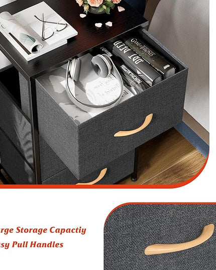 Nicehill Nightstand, Dresser with 3 Drawers, Bedside Table Chest of Drawers, Fabric Dresser for Bedroom, Kids' Room, Living Room, Closet, Small Dresser with Wooden Top Steel Frame, Modern, Dark Grey - LeafyLoom