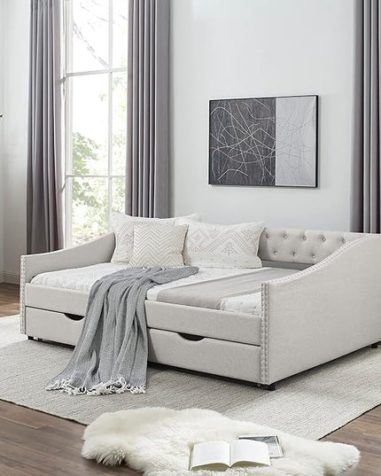 Full Size Daybed with 2 Storage Drawers,Linen Upholstered Sofa Bed W/Button on Back & Copper Nail on Waved Shape Armrests,No Spring Box Need,Wood Bedframe for Living Room Bedroom Dorm,Beige - LeafyLoom